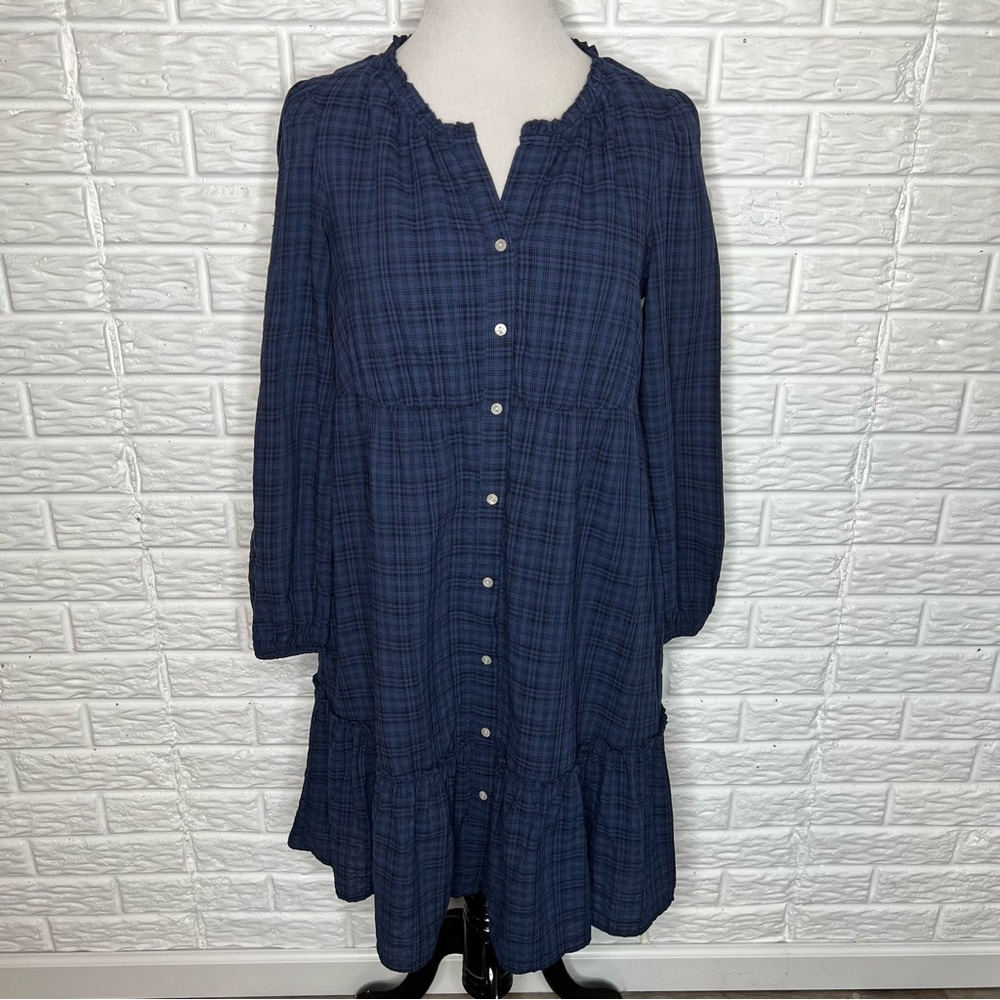FRYE AND CO Plaid Dress Long Sleeve Button Front Flounce Hem Navy Blue Size S